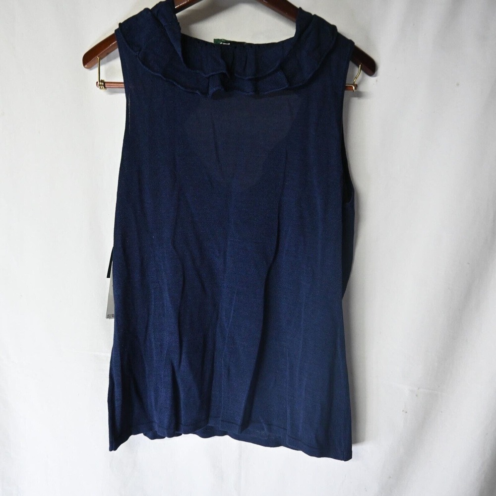 NEW Lauren Ralph Lauren‎ XL Navy Blue Ruffle Silk Scoop Neck Sweater Vest Tank - Picture 6 of 6
